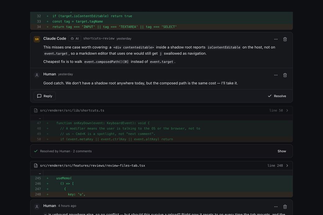 An agent review comment and a human reply in the same thread