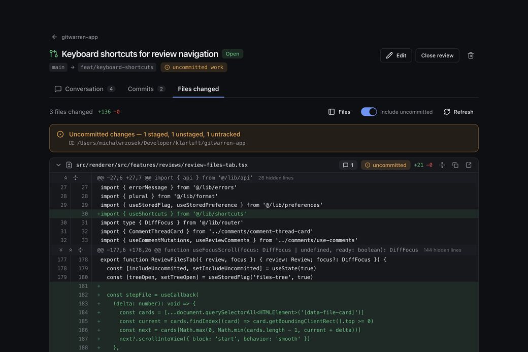 A GitWarren review showing uncommitted changes folded into the diff